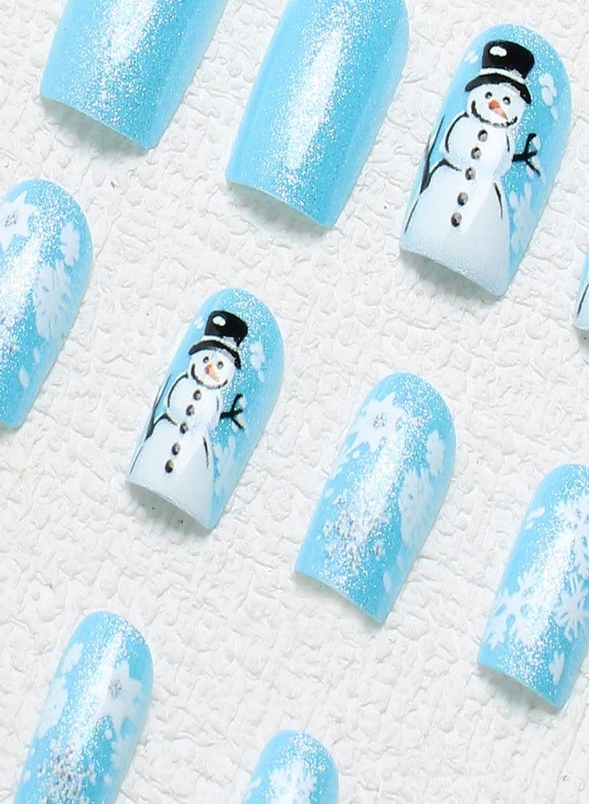 OCOUYVD Christmas Press on Nails Short Square Blue Glitter Fake Nails with Snowflake ＆ Snowman Designs Cute Xmas Winter Acrylic Nails Full Cover False Nails Stick on Nails for Women Women Nail Art DIY 24 Pcs - Image 5